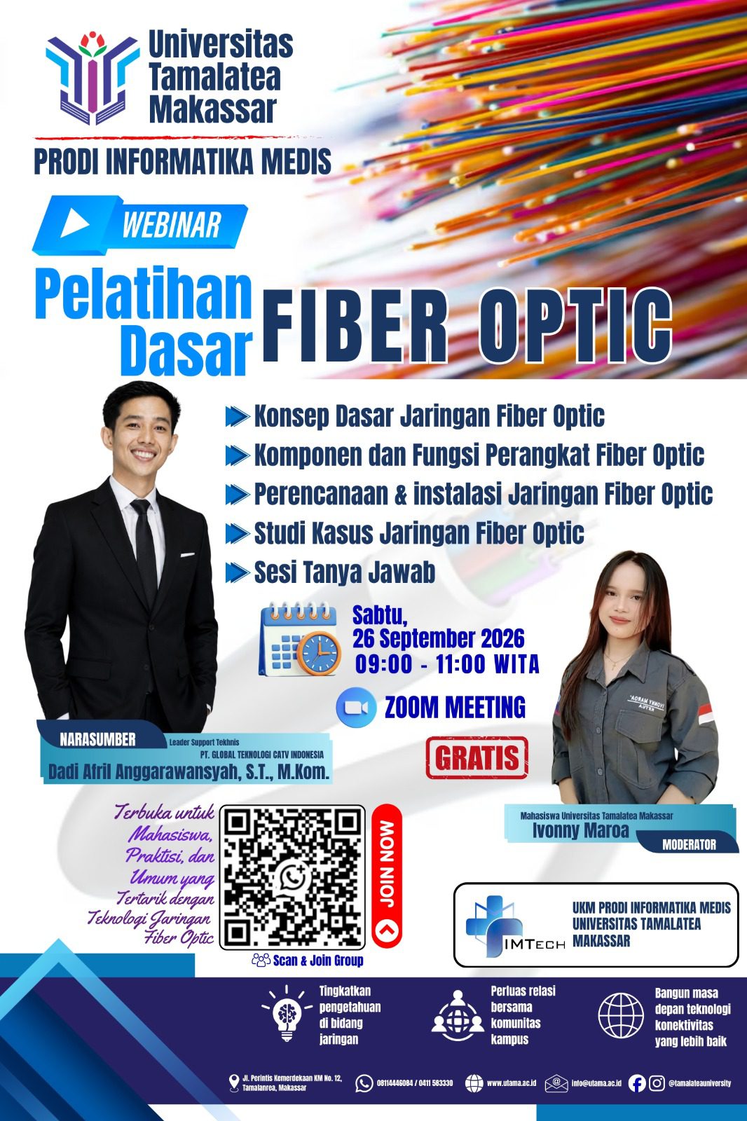 Program Studi Informatika Medis dan UKM IMTECH Universitas Tamalatea Makassar Gelar Webinar Pelatihan Dasar FTTH, Hadirkan Praktisi Industri. 